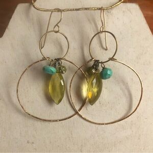 Drop Hoop Earrings with peridot, turquoise, and citrine